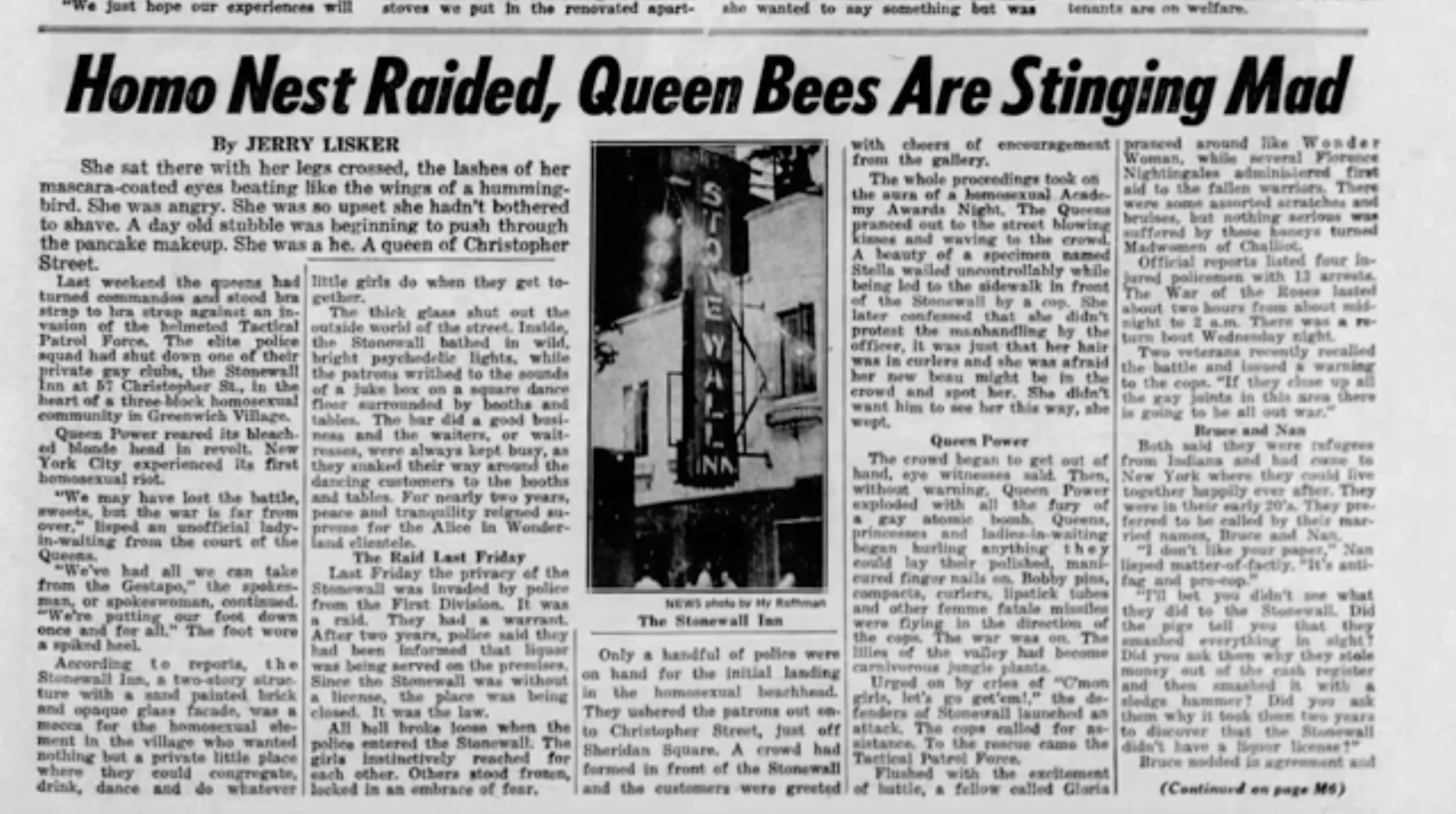 “Homo Nest Raided, Queen Bees Are Stinging Mad” from New York Daily News, July 6, 1969