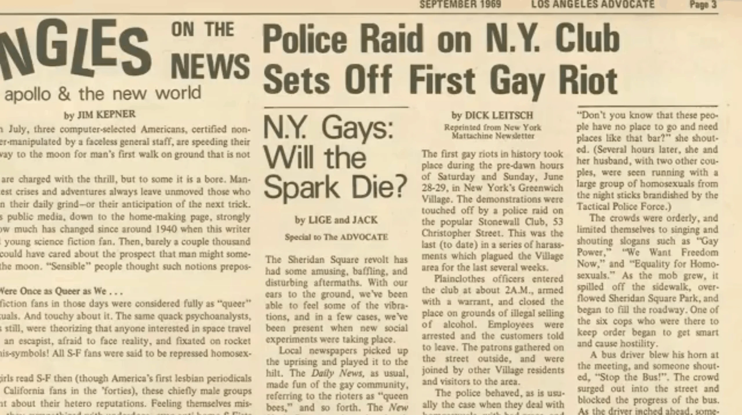 “Police Raid on N.Y. Club Sets off First Gay Riot” from The Advocate, September 1969