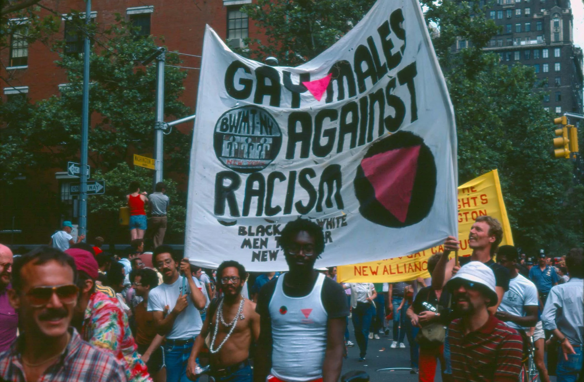 Gay Males Against Racism banner, 1983