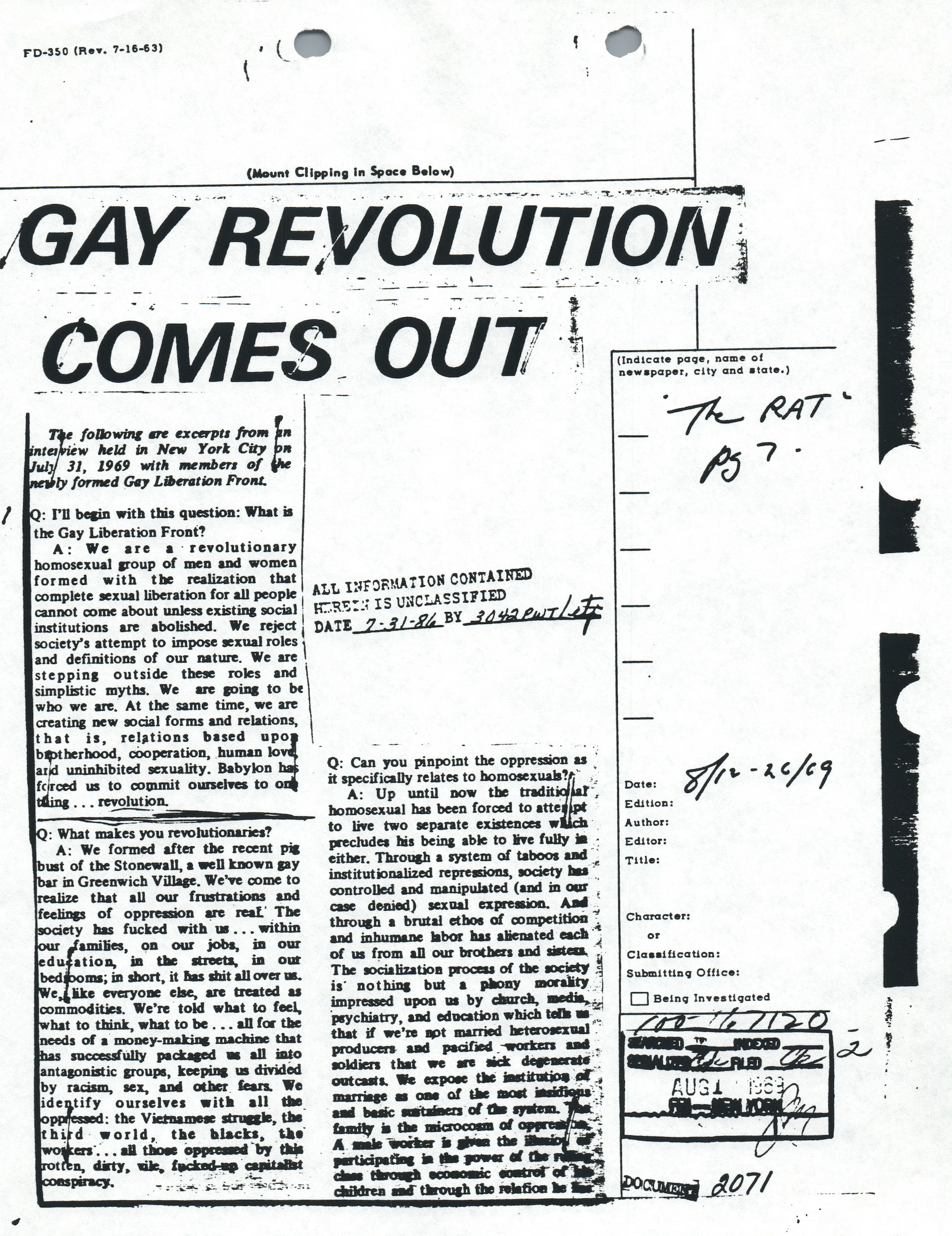 “Gay Revolution Comes Out,” 1969