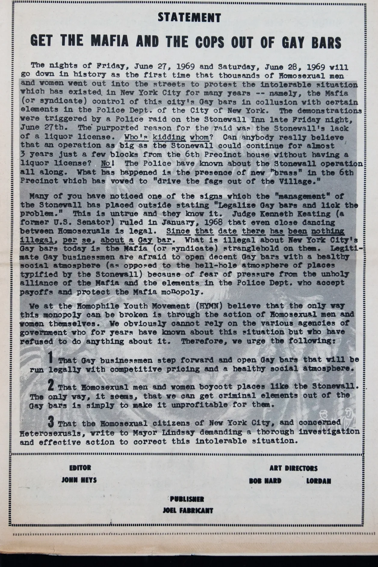 Get the Mafia and Cops Out of the Gay Bars, 1969